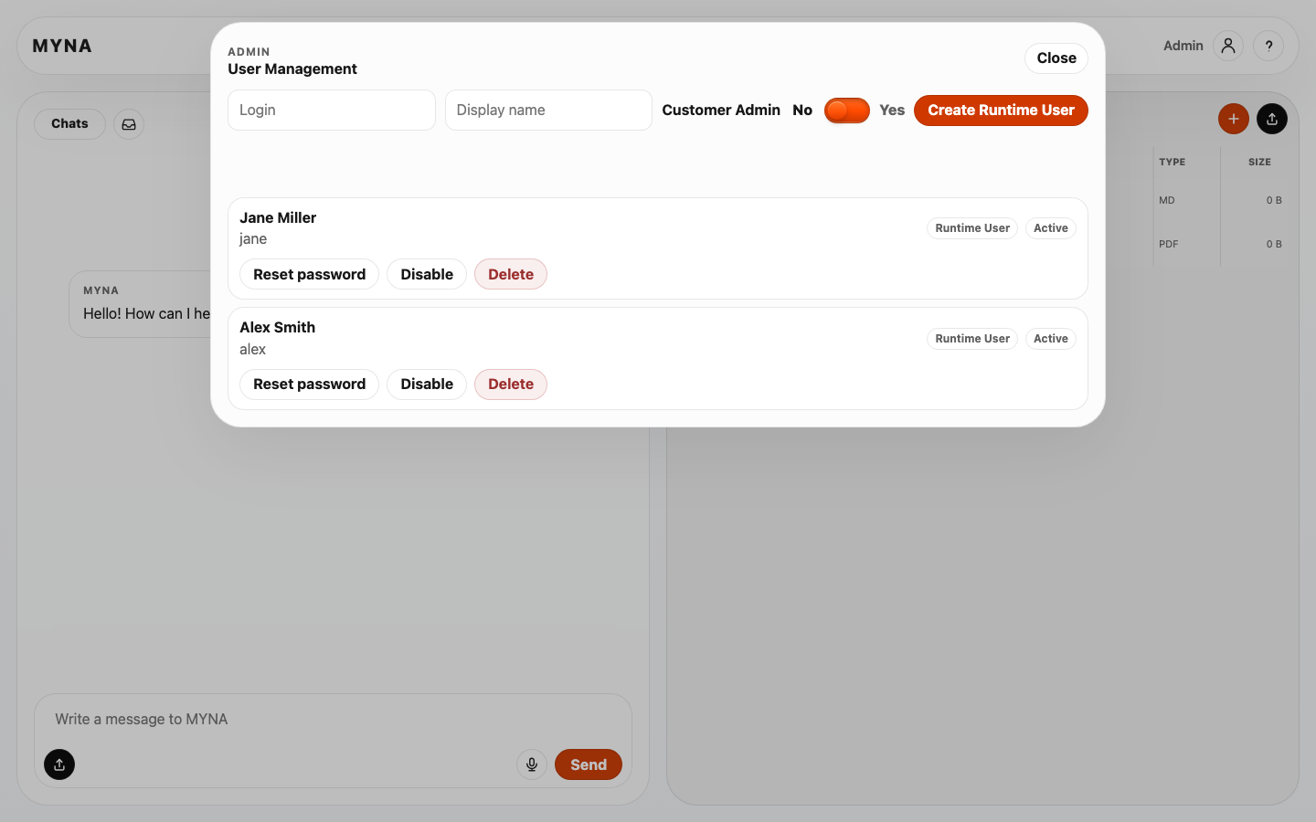 Aktuelle MYNA Admin UI